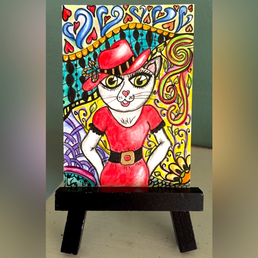 ACEO Collectible Original Painting “Posh Paws in a Red Dress” Colored Pencil